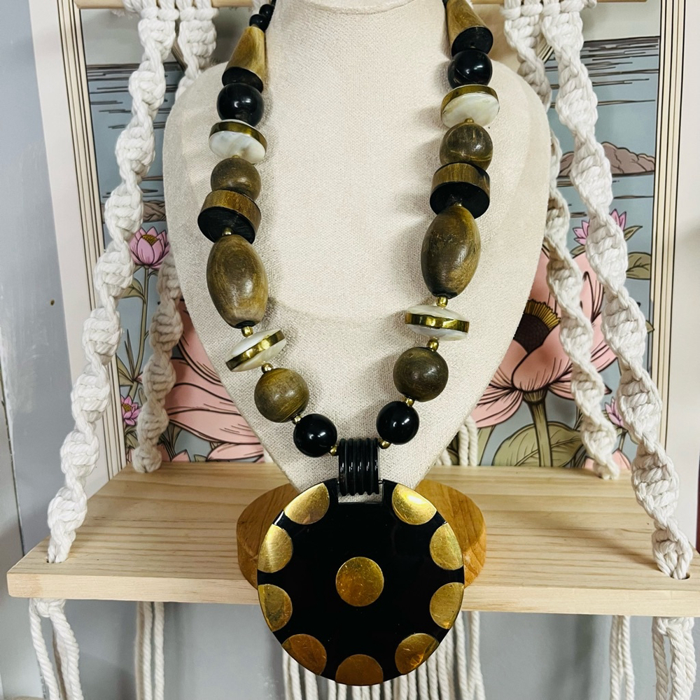 Vintage India Brass Pendant Necklace‎ | Wood Beads | Ethnic Eclectic Whimsigoth